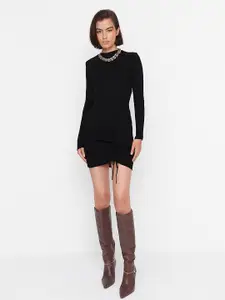 Trendyol Women Black Solid Round Neck Long Sleeves Ruched Hem Acrylic Bodycon Mini Dress
