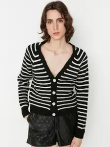 Trendyol Women Black & White Striped Acrylic Cardigan Sweater