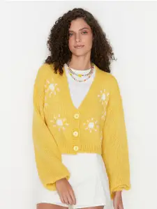 Trendyol Women Yellow Self Design Acrylic Cardigan Sweater