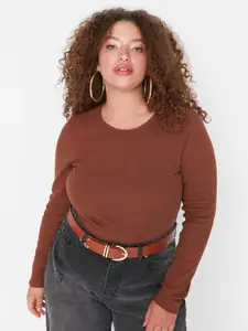 Trendyol Women Brown Round Neck Long Sleeves Top