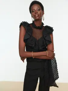 Trendyol Black Round Neck Ruffles Top