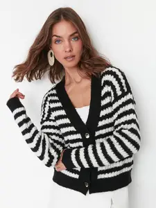 Trendyol Women Black & White Striped Cardigan Sweater
