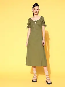 The Roadster Lifestyle Co. Olive Green Sweetheart Neck Pure Cotton Empire Cut It Off Dress