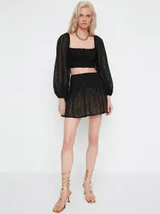 Trendyol Women Black Self-Design Mini Flared Skirt
