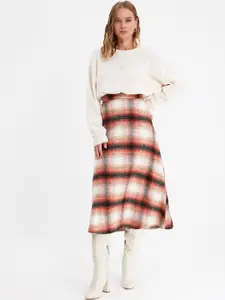 Trendyol Women Orange Checked midi Flared Skirts