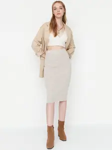 Trendyol Women Beige Solid Pencil Knee-Length Skirt