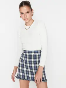 Trendyol Women Blue & White Checked Pencil Mini Skirt