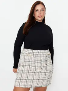 Trendyol Women Beige Checked Pencil Mini Skirt