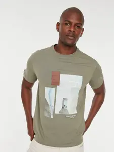 Trendyol Men Khaki Printed Cotton T-shirt