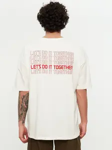 Trendyol Men Off White Typography Printed Drop-Shoulder Sleeves Cotton T-shirt