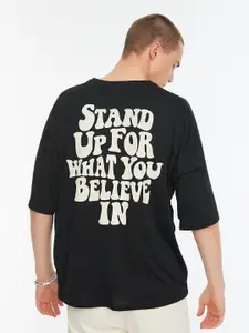 Trendyol Men Black Typography Printed Drop-Shoulder Sleeves Polyester T-shirt