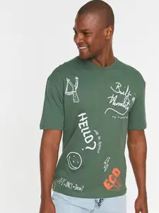 Trendyol Men Green Typography Printed Drop-Shoulder Sleeves Cotton T-shirt