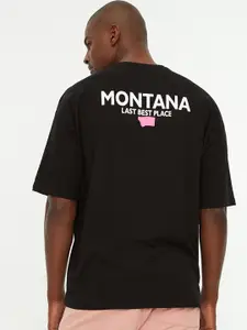 Trendyol Men Black Typography Printed Drop-Shoulder Sleeves Cotton T-shirt