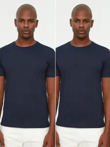 Trendyol Men Navy Blue Solid Cotton T-shirt