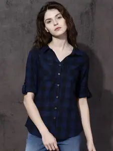 Roadster Women Blue & Black Slim Fit Checked Sustainable Casual Shirt