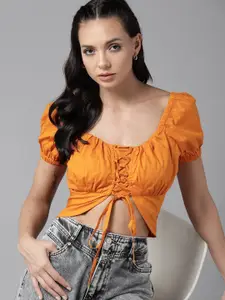 The Roadster Lifestyle Co. Lace-Up Detail Puff Sleeve Pure Cotton Crop Top