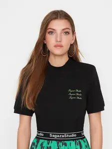 Trendyol Women Black Typography Printed Cotton T-shirt