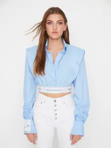 Trendyol Women Blue Pure Cotton Shirt Style Crop Top