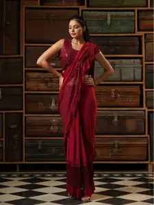 SCAKHI Red Embellished Sequined Ready to Wear Saree