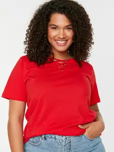 Trendyol Women Red Solid V-Neck Pure Cotton T-shirt