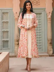 SCAKHI Women Peach &  Cream Colored Floral Smocking Ethnic Dresses With Shrug