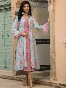 SCAKHI Women Pink Smocking Maxi-Length Ethnic Dresses With Blue Shrug