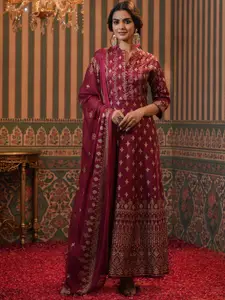 SCAKHI Women Silk Foil Print Anarkali Ethnic Dress With Dupatta