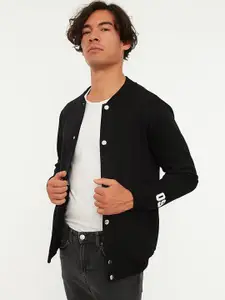 Trendyol Men Black Alphanumeric Printed Pure Cotton Cardigan Sweater