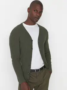 Trendyol Men Khaki Self Design Cardigan Sweater