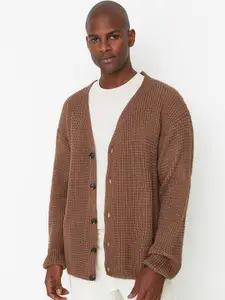 Trendyol Men Brown Self Design Acrylic Cardigan Sweater
