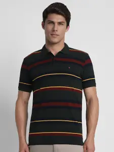 Louis Philippe Sport Men Green & Navy Blue Striped Polo Collar T-shirt