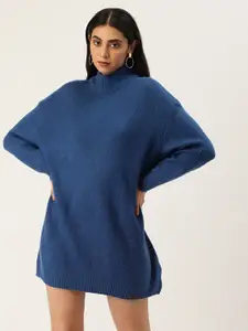 FOREVER 21 Women Blue Solid High-neck Long-Sleeves Jumper Dress