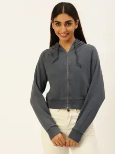 FOREVER 21 Women Grey Melange Open-Front Solid Hooded Sweatshirt