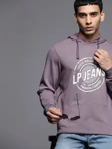 Louis Philippe Jeans Men Lilac & White Printed Pure Cotton Hooded Sweatshirt