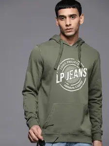 Louis Philippe Jeans Men Olive Green & White Printed Pure Cotton Hooded Sweatshirt