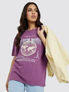 Styli Short Sleeves The New World Globe Graphic Oversized Longline T-shirt