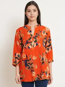 IX IMPRESSION Women Plus Size Orange & Black Floral Printed Mandarin Collar Longline Top