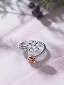 Zavya Women Sterling Silver-Toned & Rose Gold-Toned CZ Studded Flower Finger Ring