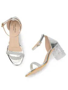 SALARIO Silver-Toned Embellished PU Party Block Heels