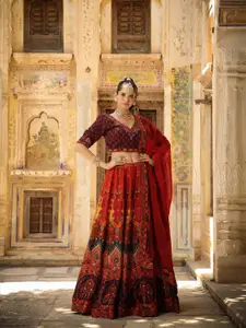 SCAKHI Maroon & Blue Printed Thread Work Ready to Wear Lehenga & Blouse With Dupatta