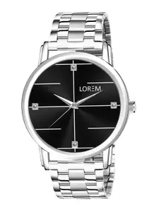 LOREM Men Black Dial & Silver Bracelet Style Straps Analogue Watch LR118