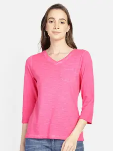 Aditi Wasan Women Pink V-Neck Cotton T-shirt