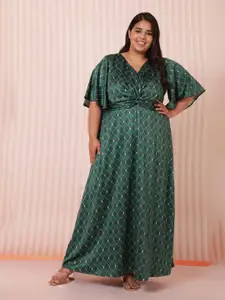 Amydus Women Plus Size Green Ethnic Motifs Satin Maxi Dress