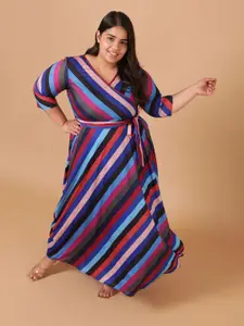 Amydus Women Plus Size V-Neck Multicoloured Striped Maxi Dress