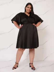 Amydus Women Plus Size Black Solid Satin Dress