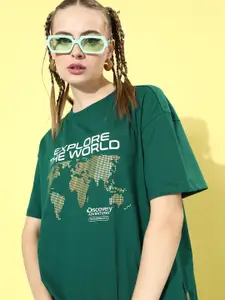 The Roadster Life Co. Leafy Green Poster Graphics Drop-Shoulder Sleeves T-shirt