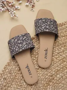 ZOUK Women Black Printed Open Toe Flats