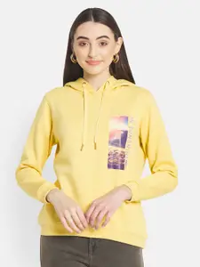 METTLE Women Yellow Printed Hooded Fleece Sweatshirt