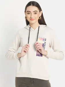 METTLE Women Cream-Coloured Printed Hooded Sweatshirt