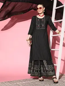 SheWill Women Black Floral Embroidered Kurta with Skirt & With Dupatta